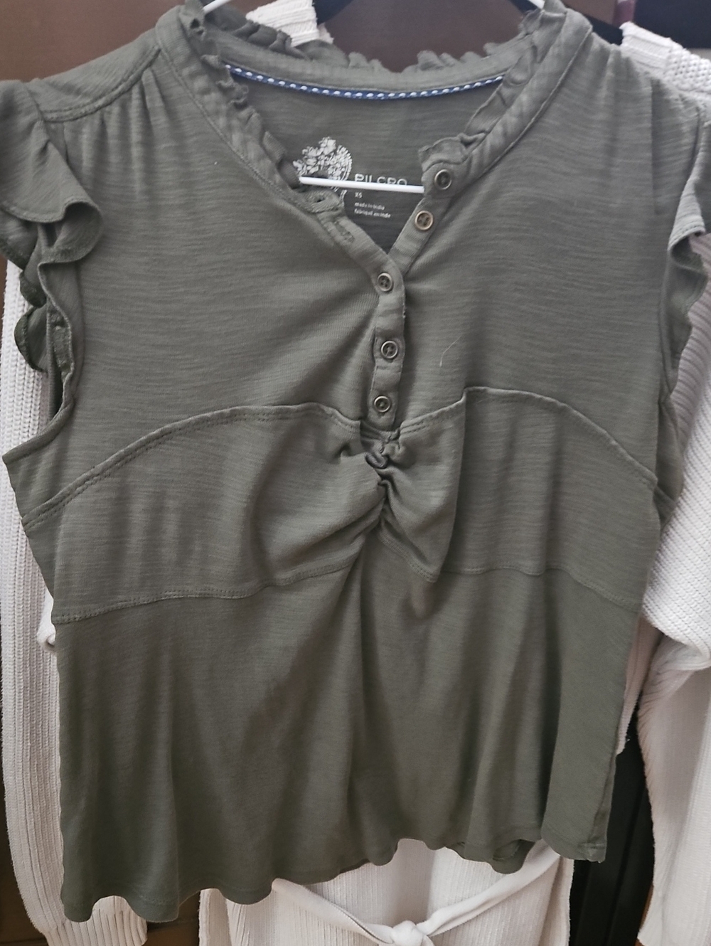 Anthropologie Olive Green Ruffle Sleeve Top